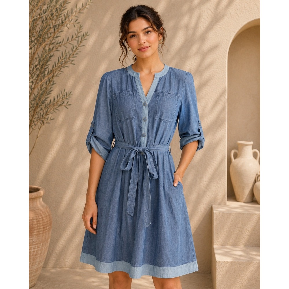 NWT Sharagano Tencel Chambray Shirt Dress Tie‎ Waist Size 12 Long Sleeve